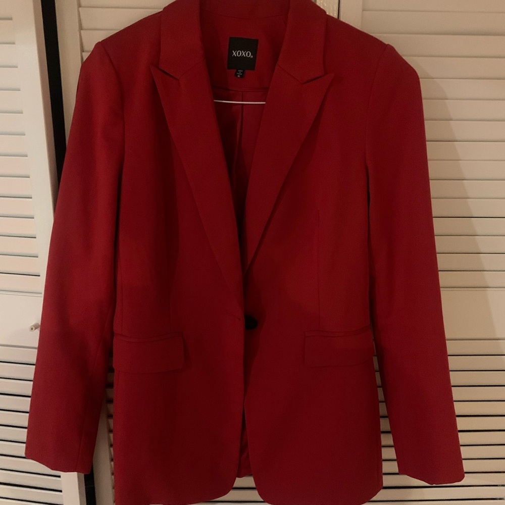 Womens red blazer with black buttons